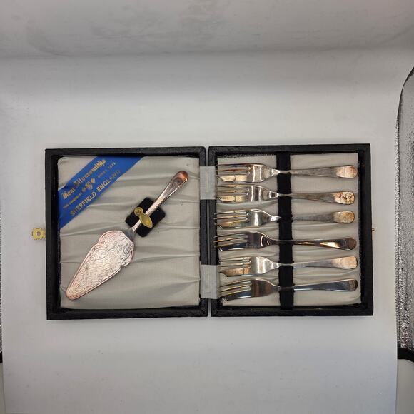Kent Silversmiths Sheffield Silver Plated Forks & Server Set in Box England - Picture 1 of 16